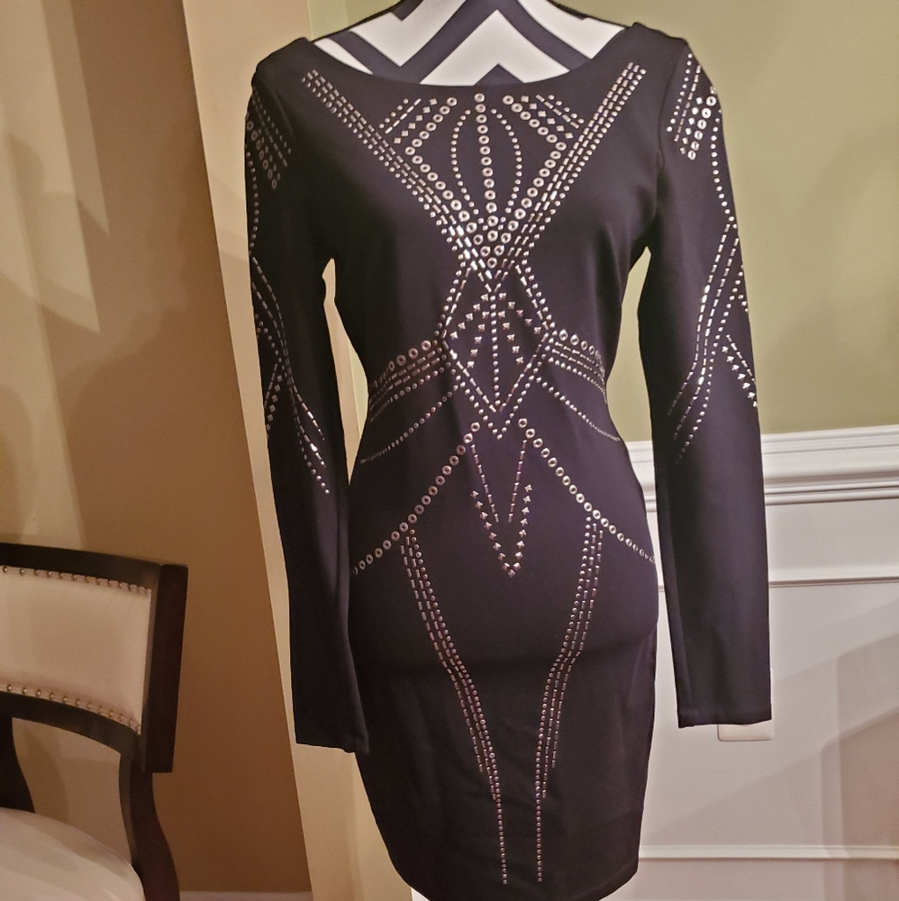 Bebe- long sleeved black dress w/silver studs